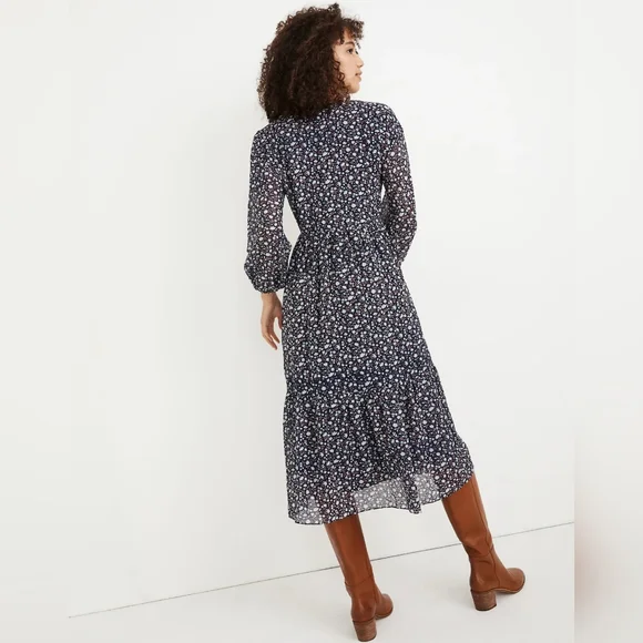 Madewell Tie-Waist Midi Dress in Harvest Vine Deep Navy Floral V- Size Small - Picture 2 of 16